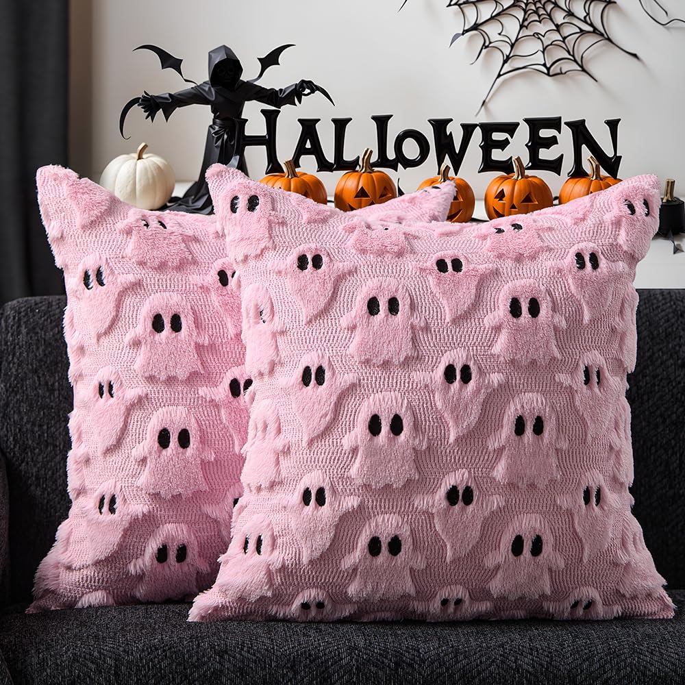 DFXSZ Halloween Pillow Covers 18x18 inch Set of 2 White Ghost Throw Pillow Cases Soft Plush Faux Fur Wool Couch Cushion Case for Chair Sofa Bedroom Living Room Home Decor PTK03A18